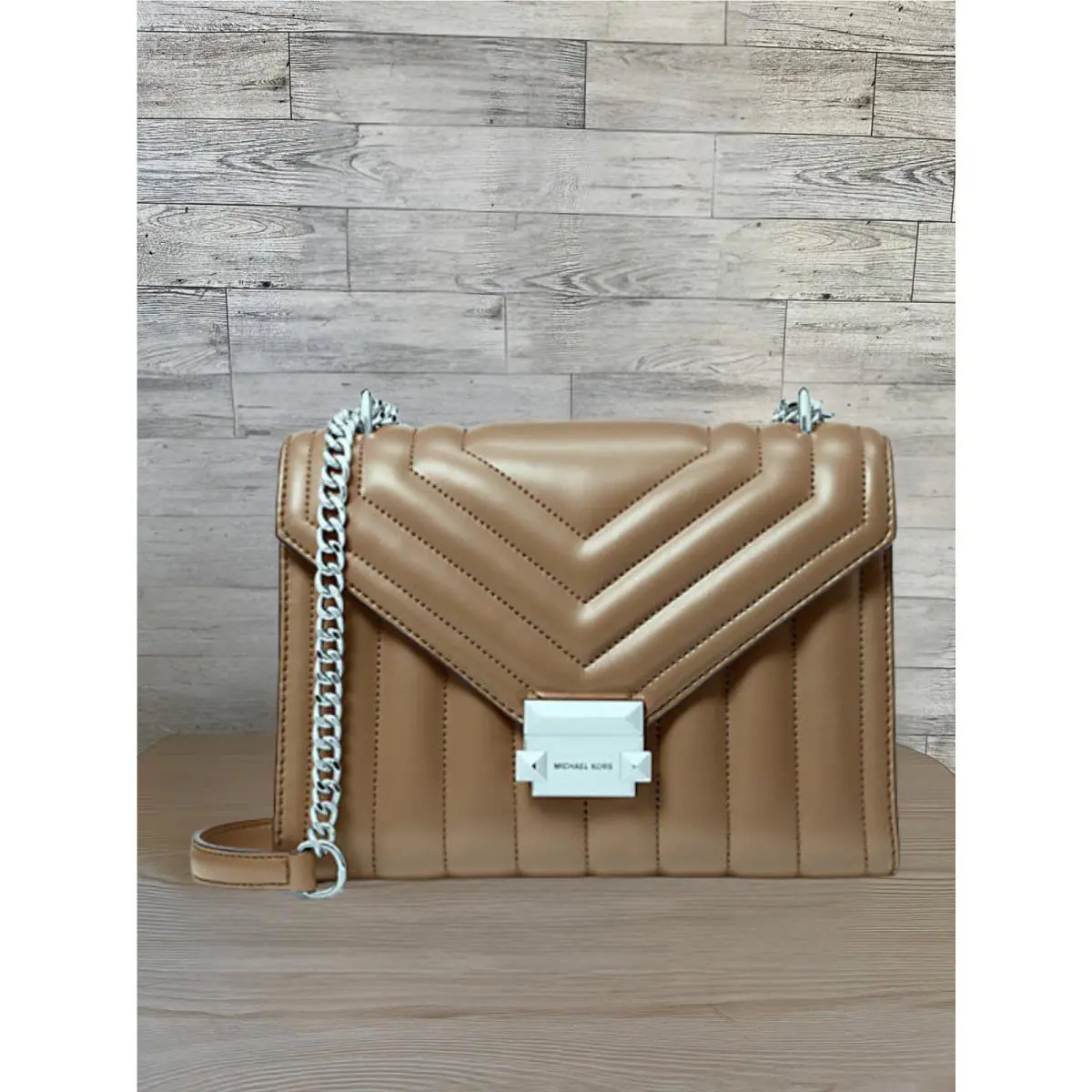 Michael Kors Whitney Women Medium Quilted Flap Chain Shoulder Bag Driftwood