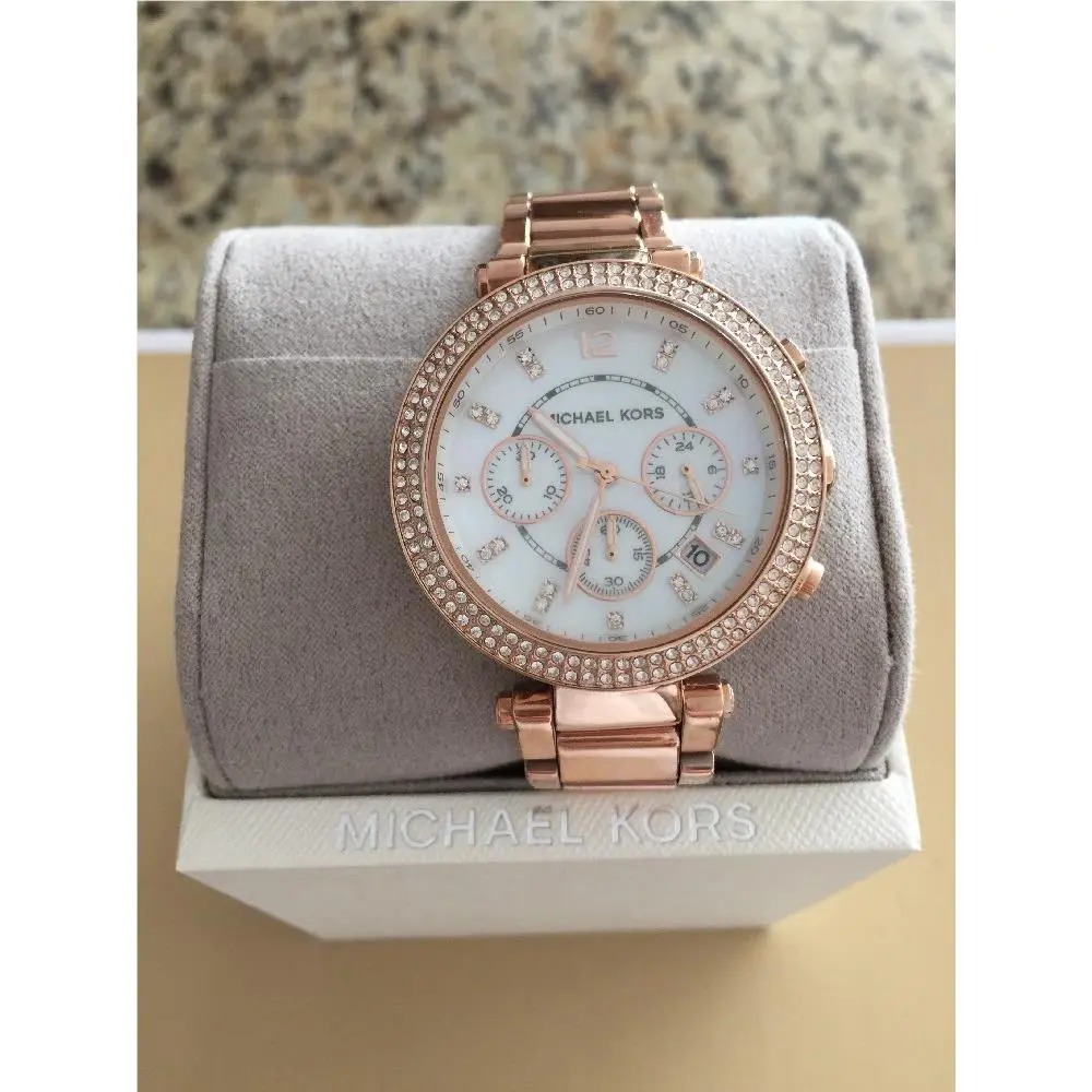 Michael Kors Parker Chronograph Crystals Pearl Rose Gold Women`s Watch MK5491