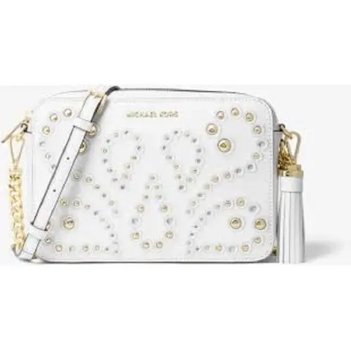 Ginny Gold Studded White Leather Crossbody Was by Michael Kors