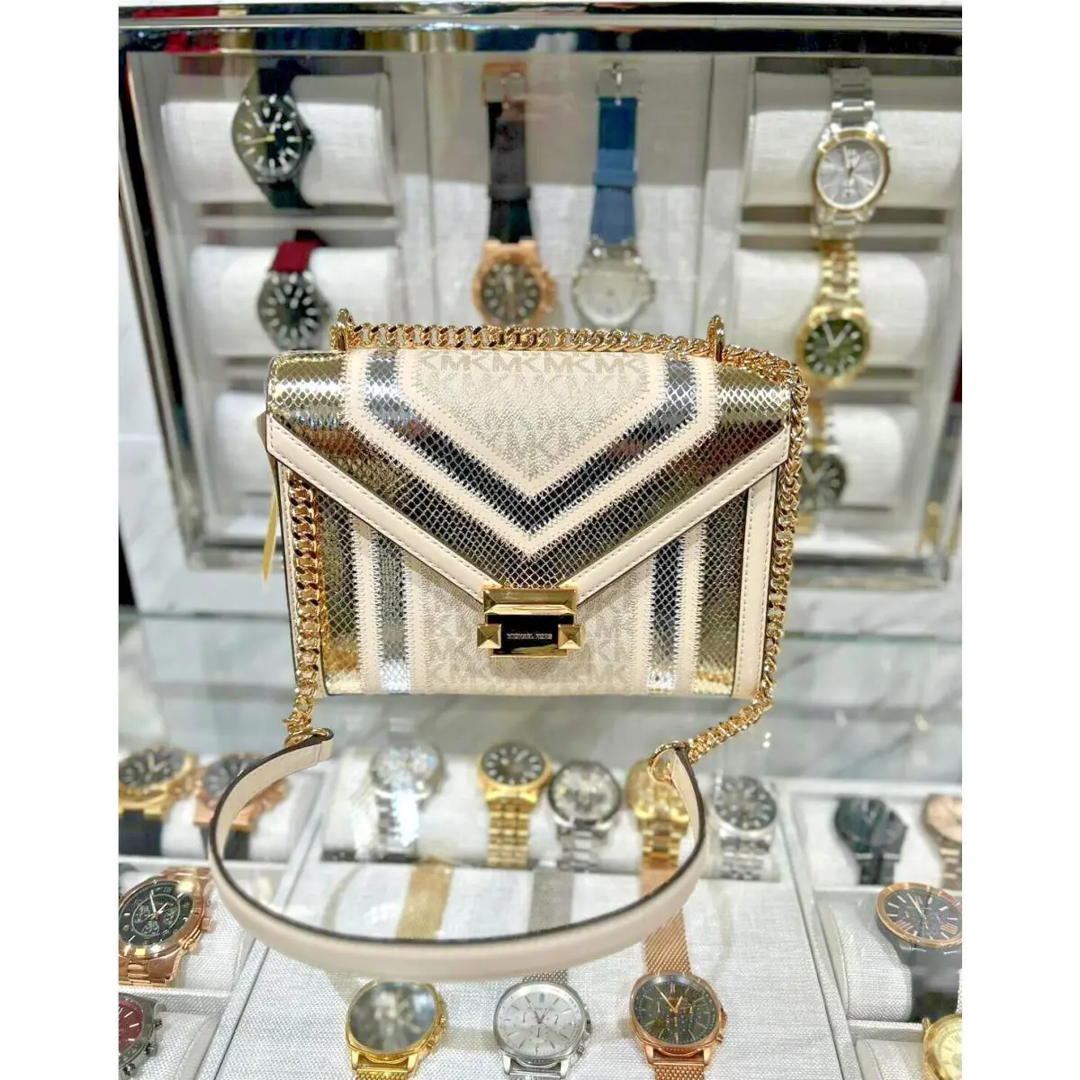 Michael Kors Whitney Medium Flap Chain Strap Shoulder Bag Purse Pale Gold Multi