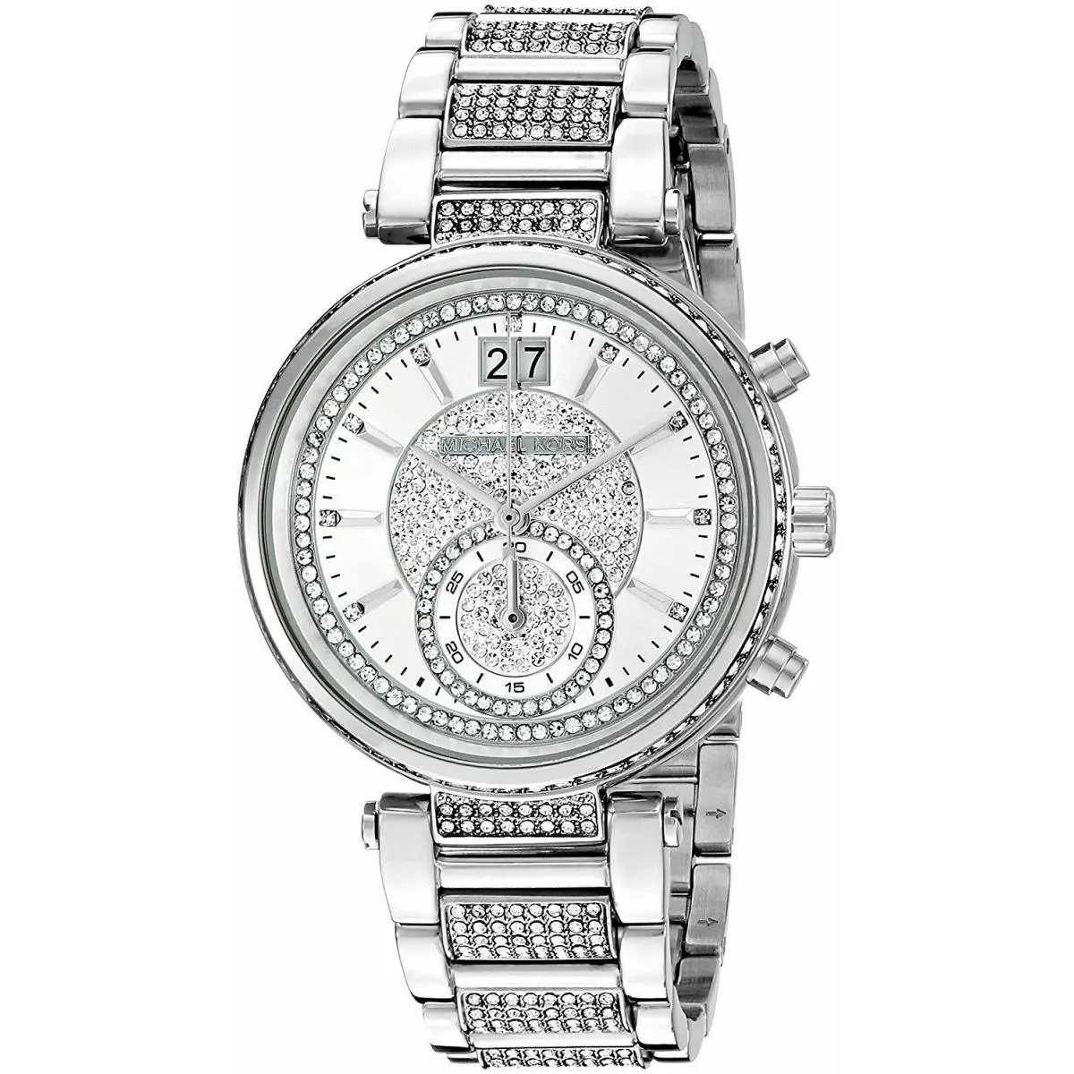 Michael Kors Sawyer Silver Tone Covered Glitz Pave Bracelet Watch MK6281 - Dial: Silver, Band: Silver, Manufacturer Band: SILVER