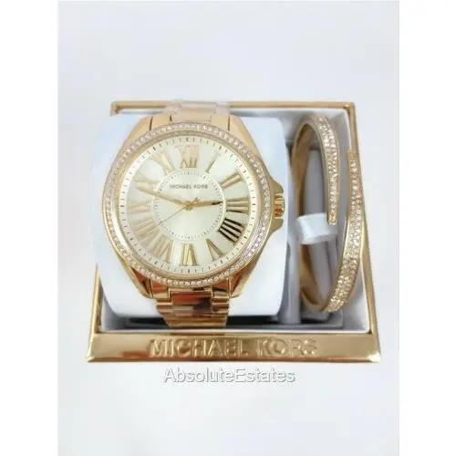 Michael Kors Kacie Ladies Watch Set Gold Sunray Dial MK3568 Pave Bracelet