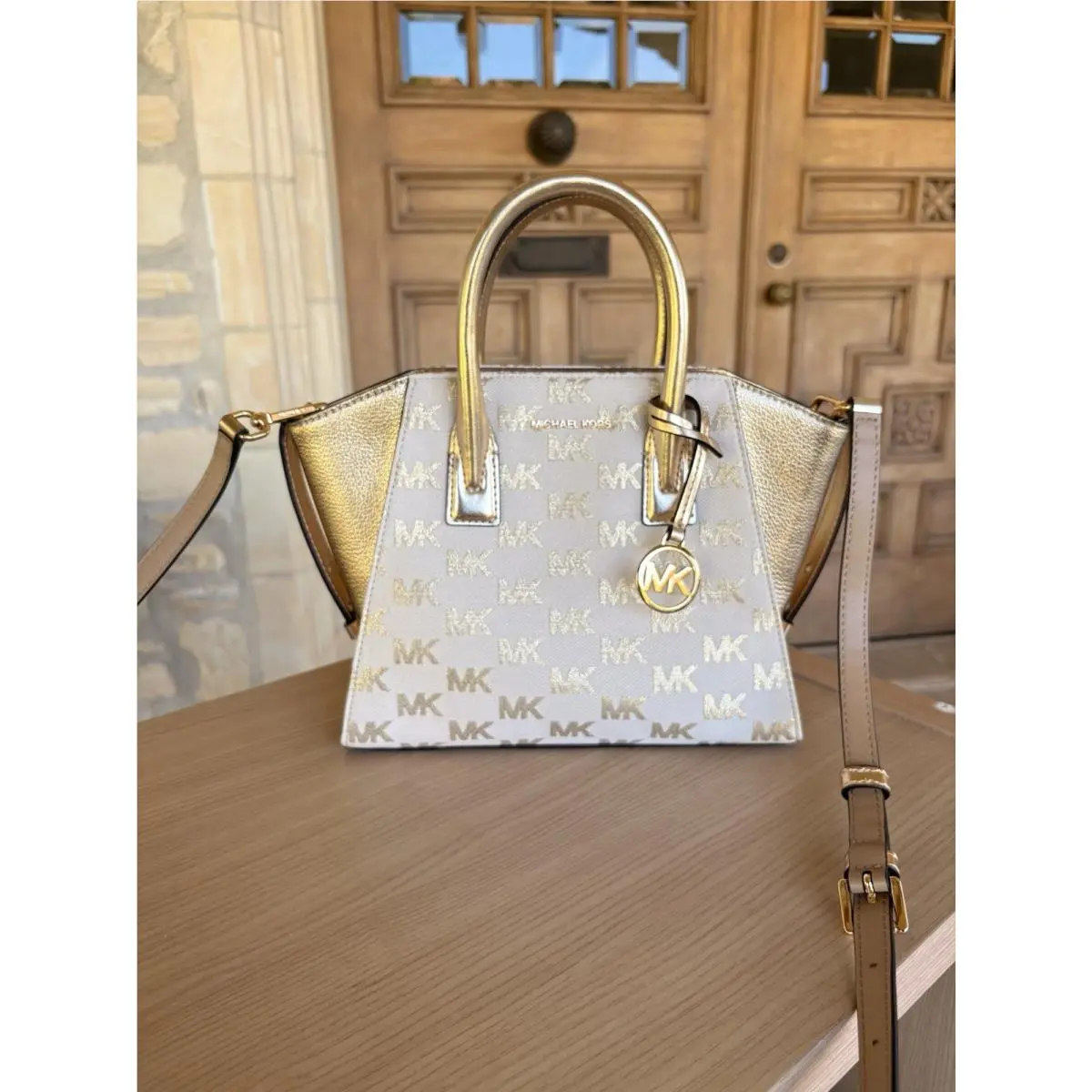 Avril Women Small Metallic Leather Crossbody Satchel Bag Pale Gold by Michael Kors