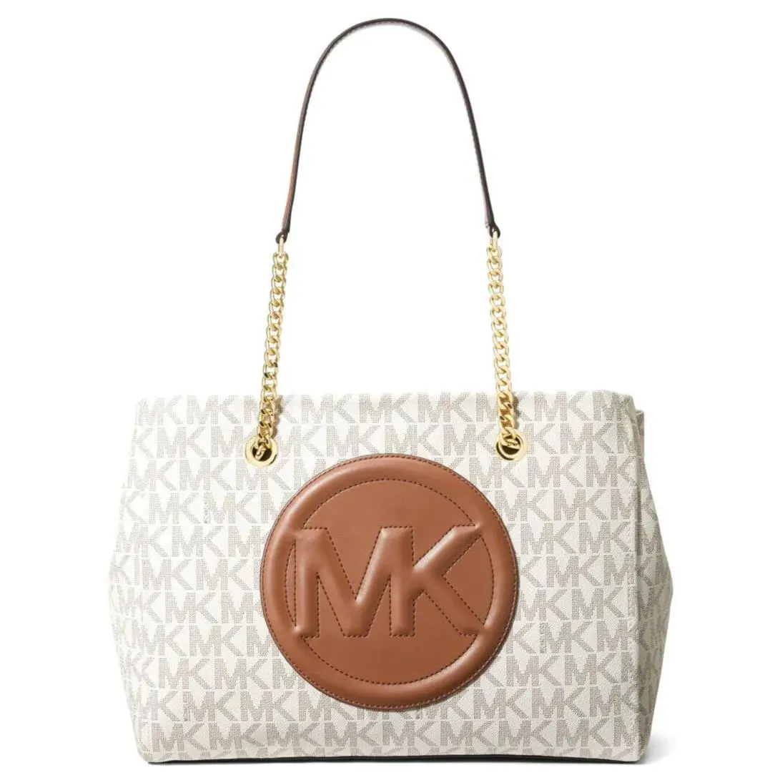Michael Kors Brynn MK Logo LG Chain Shoulder Tote Bag White Vanilla 38F1C7SE3B