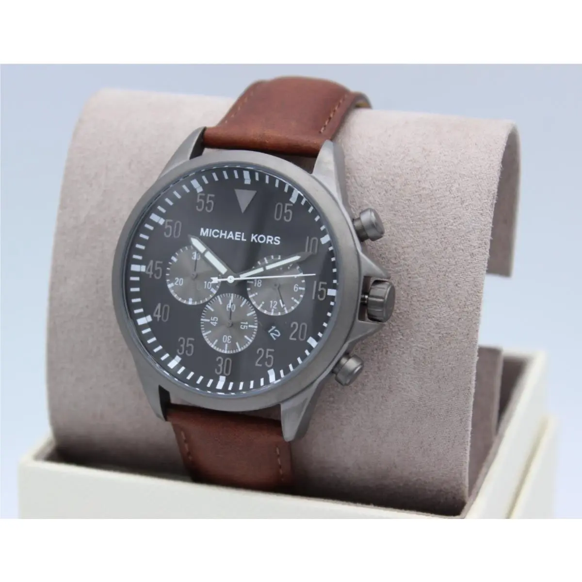 Michael Kors Gage Grey Brown Leather Chronograph Mens MK8536 Watch