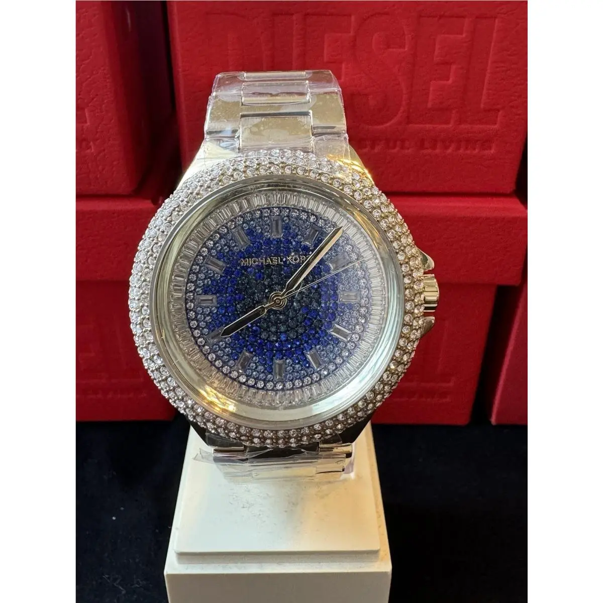 Camille Gold Pave Glitz Blue Crystal Watch MK7341 Nwot by Michael Kors