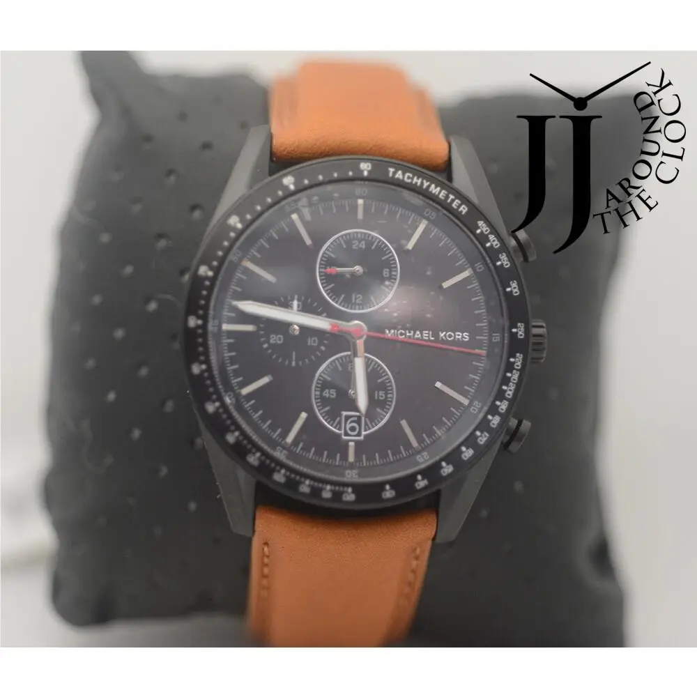 Michael Kors Accelerator Black Dial Brown Leather Chronograph Watch MK8385