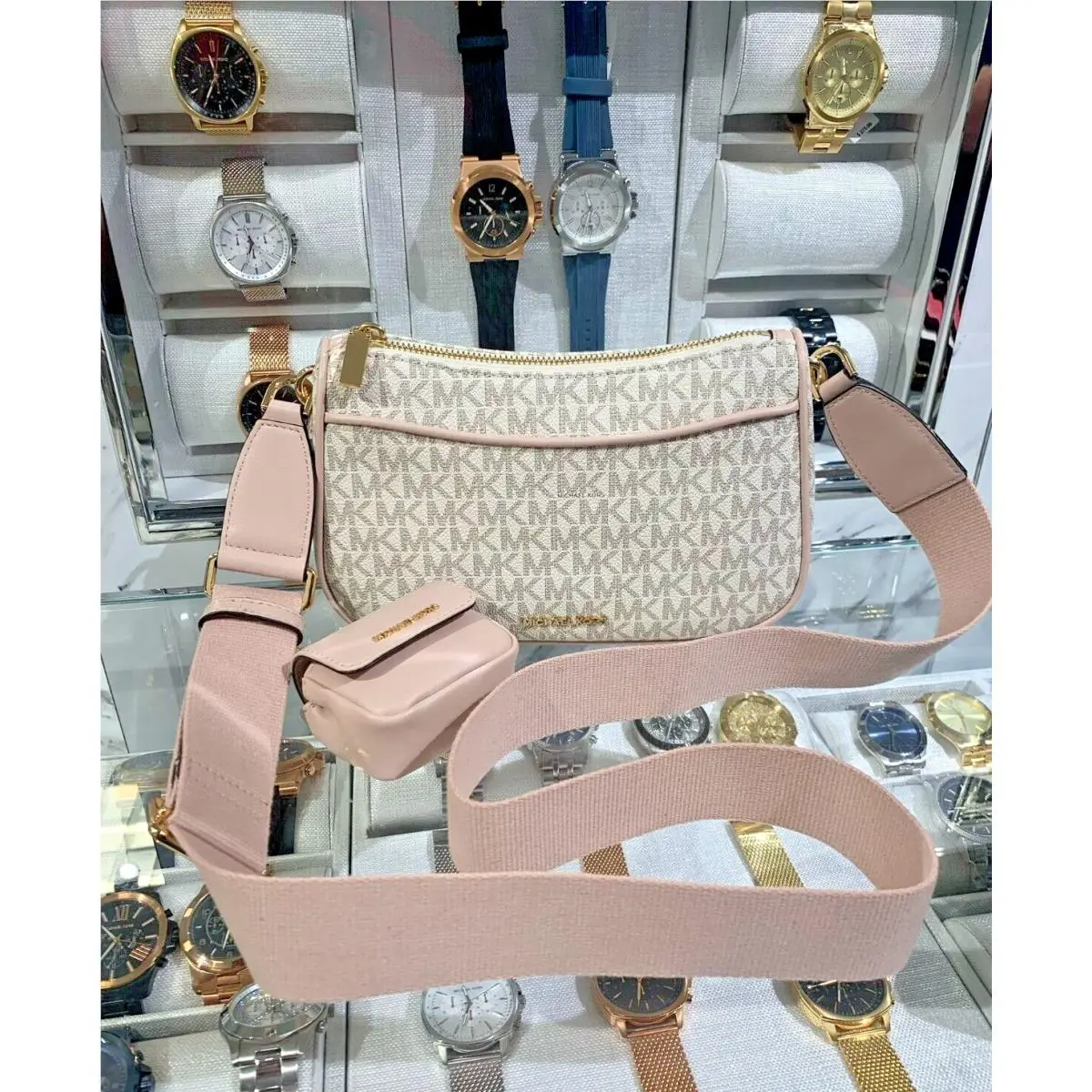 Michael Kors Jet Set MD Logo Crossbody Bag w/ Apple Airpods Pro Case Soft Pink