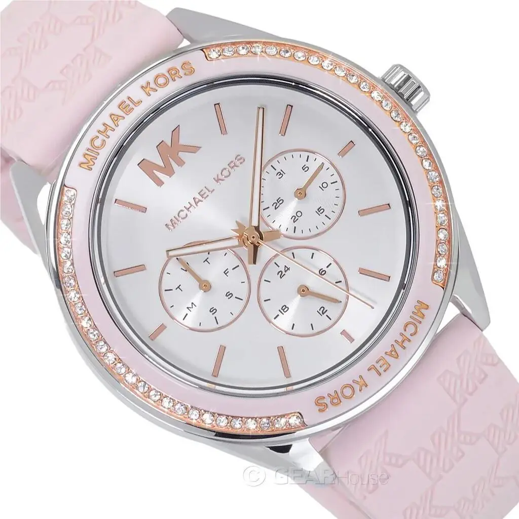 Michael Kors Jessa Blush Pink MK Silicone Band Crystal Silver Tone Watch MK7268 - Dial: Rose Gold, White, Band: BLUSH, Pink, Bezel: Pink