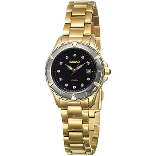 Seiko Core Collection Stainless Steel Gold-tone Women`s Watch SXDB28 - Dial: Black, Band: Gold, Bezel: Black
