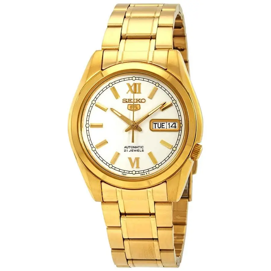 Seiko Series 5 Automatic Silver Dial Men`s Watch SNKL58 - Dial: White, Band: Gold, Bezel: Gold