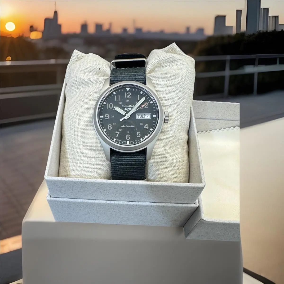 Seiko 5 Automatic Watch Day Date Grey Dial Nylon Band SRPG31 Made In Japan
