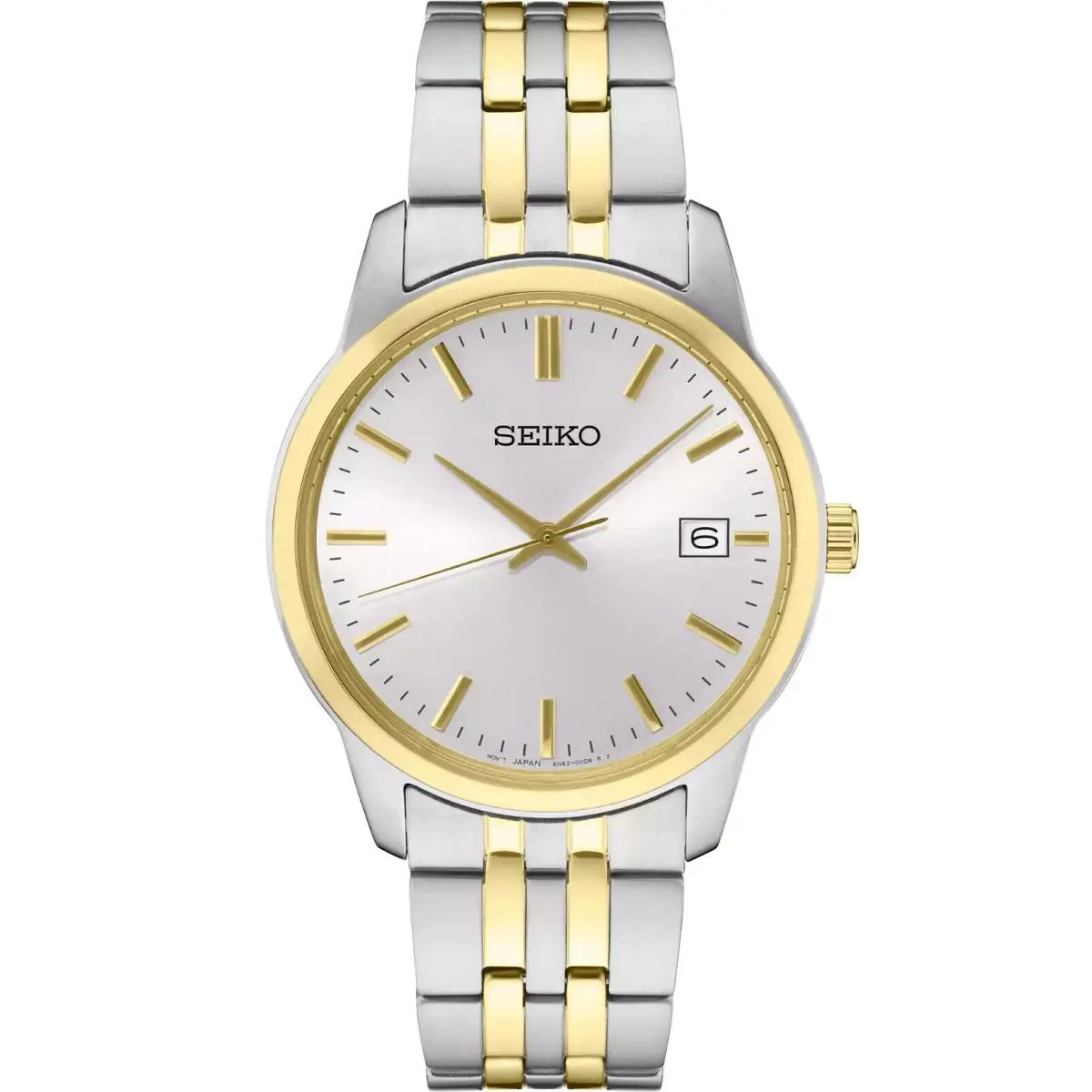 Seiko SUR402 Essentials Gold Silver Tone Quartz Date White Dial Men`s Watch - Dial: White, Band: Gold, Silver, Bezel: Gold