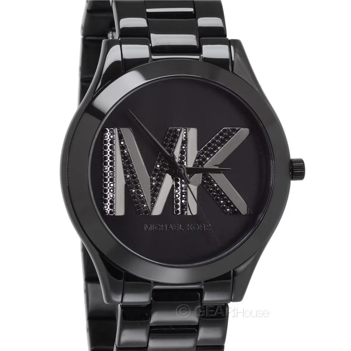 Slim Runway Blackout Watch MK Logo Dial Black Crystals Steel Band by Michael Kors