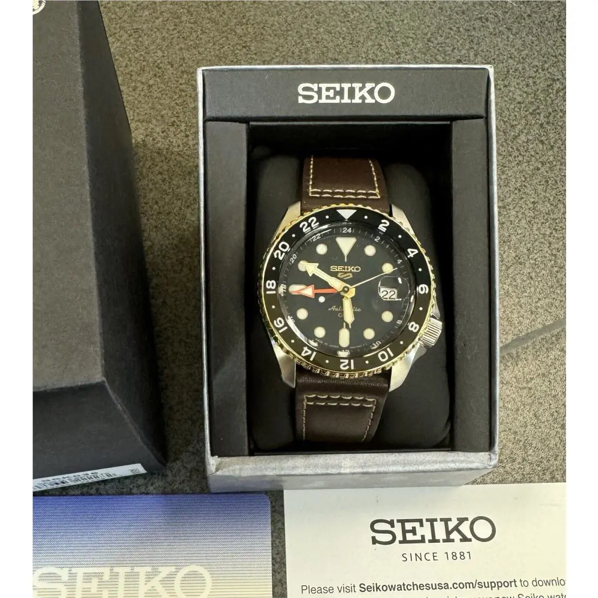 Seiko 5 Sports Automatic Gmt Leather Band Black Dial Watch SSK036 Japan