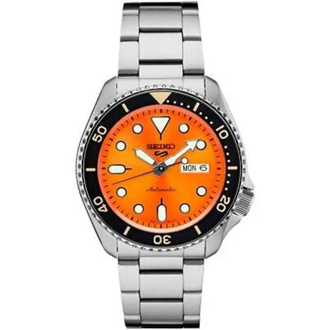 Seiko 5 Sports Men`s 42.5mm Orange Dial Analog Silver Tone Wrist Watch SRPD59 - Silver, Dial: Orange, Band: Silver