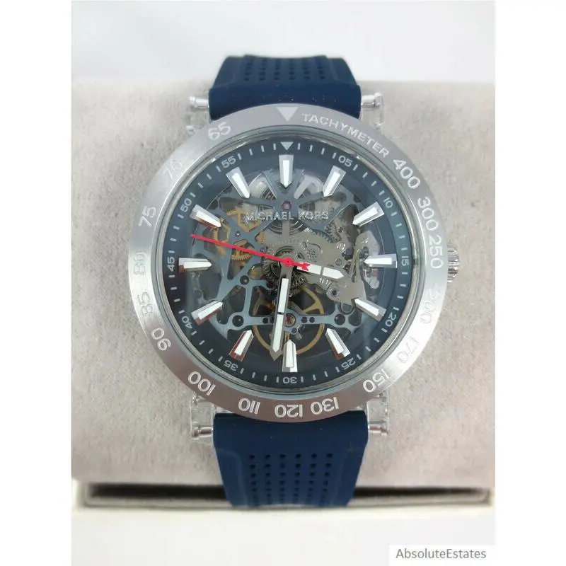 Michael Kors Greer Silver Navy Blue Mens Automatic Skeleton Watch MK9040