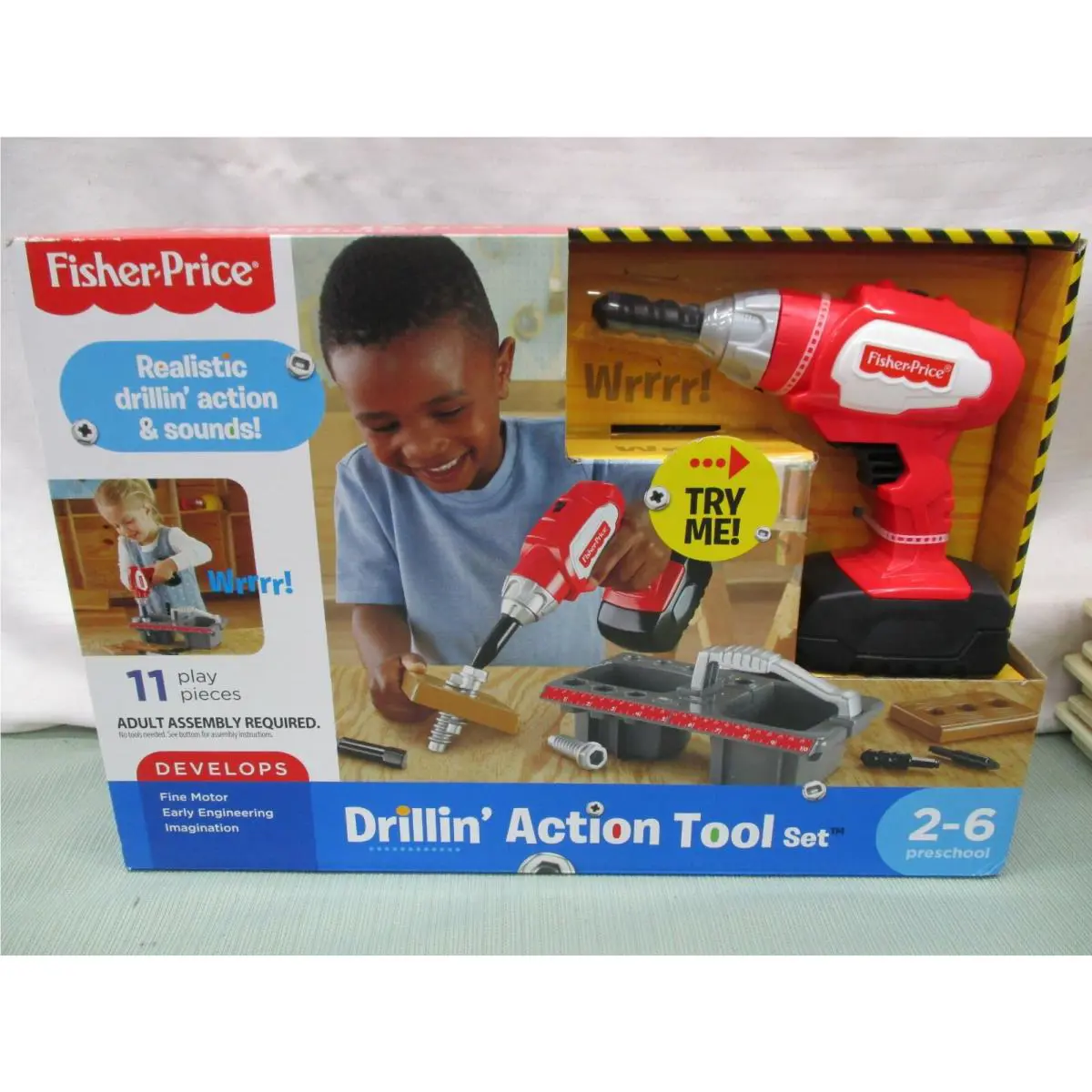 Fisher Price Drillin` Action Tool Set Drill Screws Wood Electric Red Tool Box