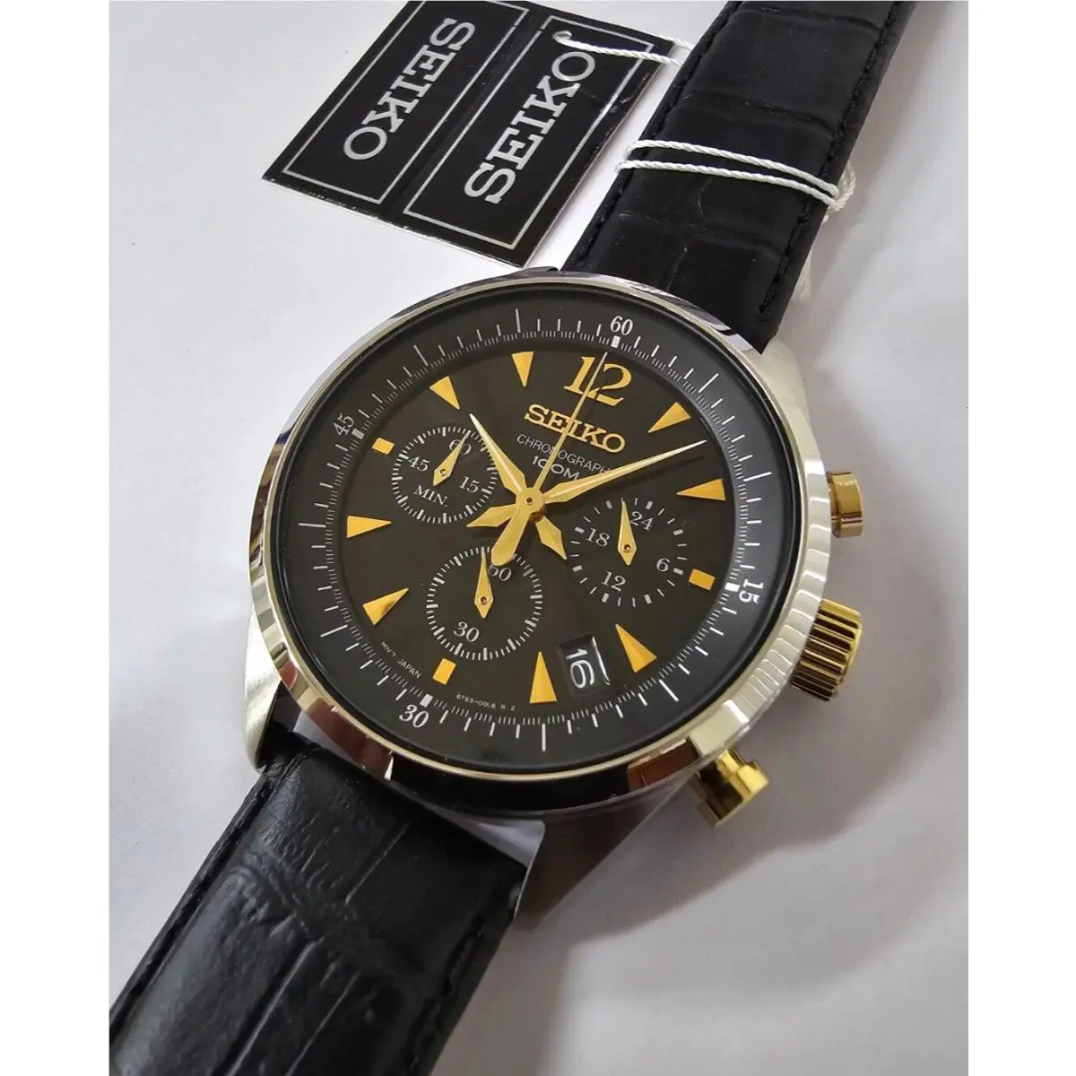 Seikochronograph Quartz 41mm Black Dial Leather Men`s Watch SSB071P1