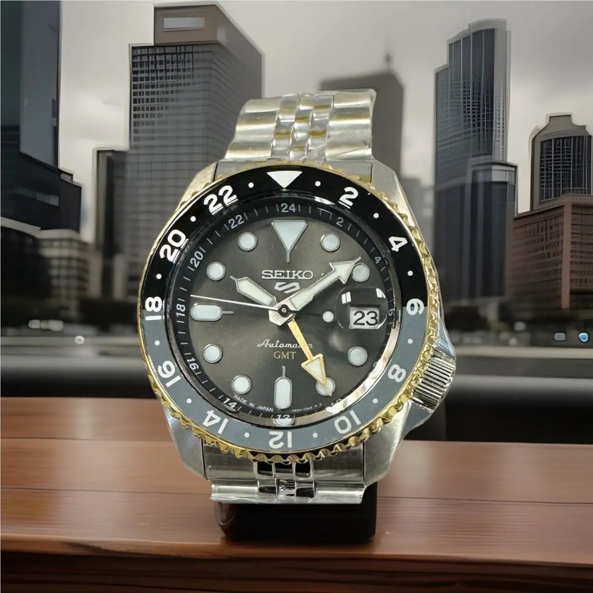 Seiko 5 Automatic Gmt Steel Band Black Dial Gold Bezel Watch SSK021 Japan Made