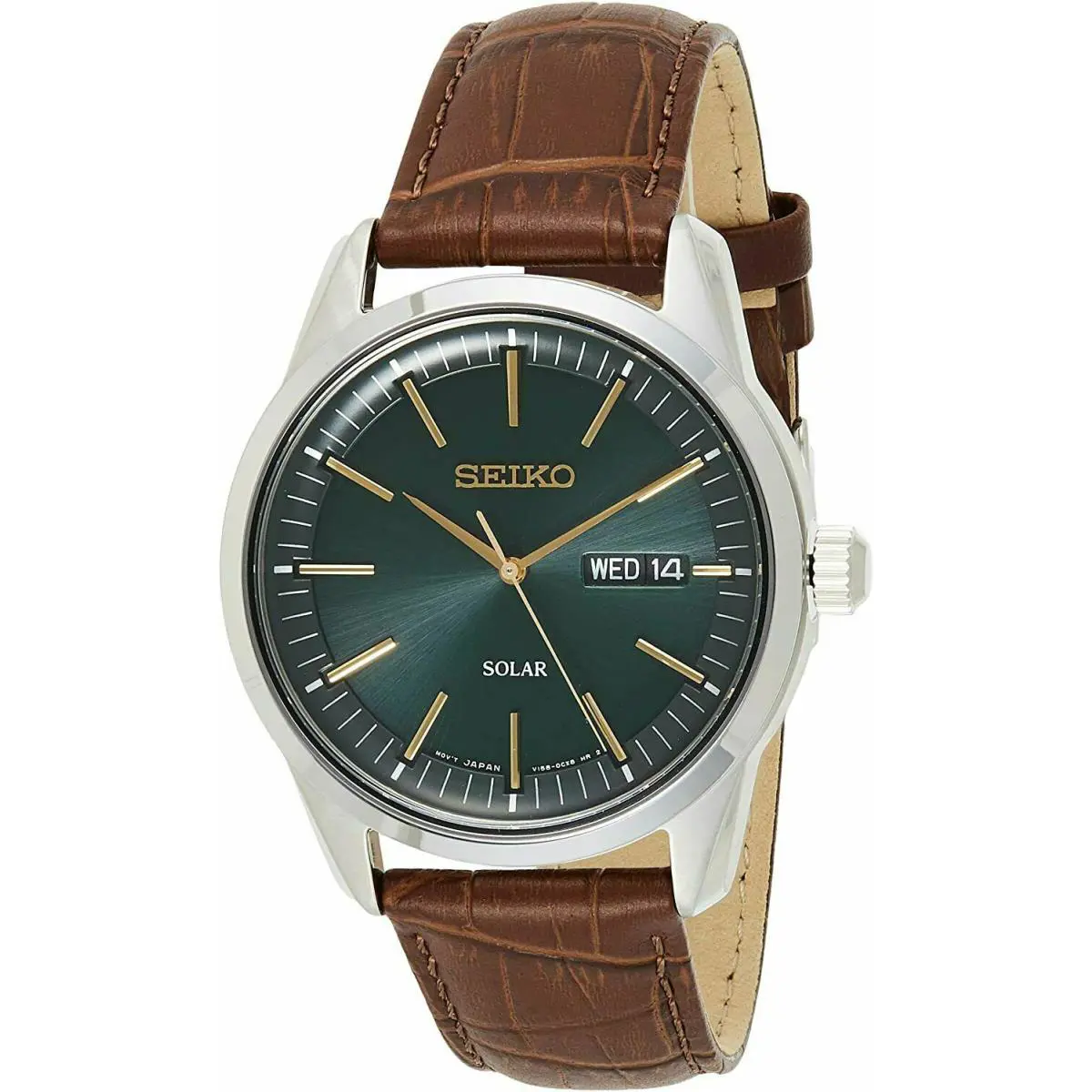 Seiko SNE529 Dark Green Sunray Dial Solar Powered Leather Strap Men`s Watch