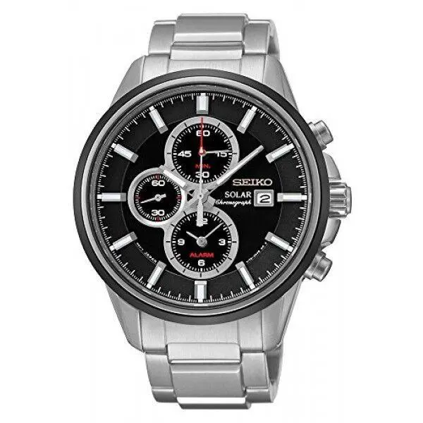 Seiko Mens Solar Black Chronograph Dial Silver Bracelet Watch SSC267
