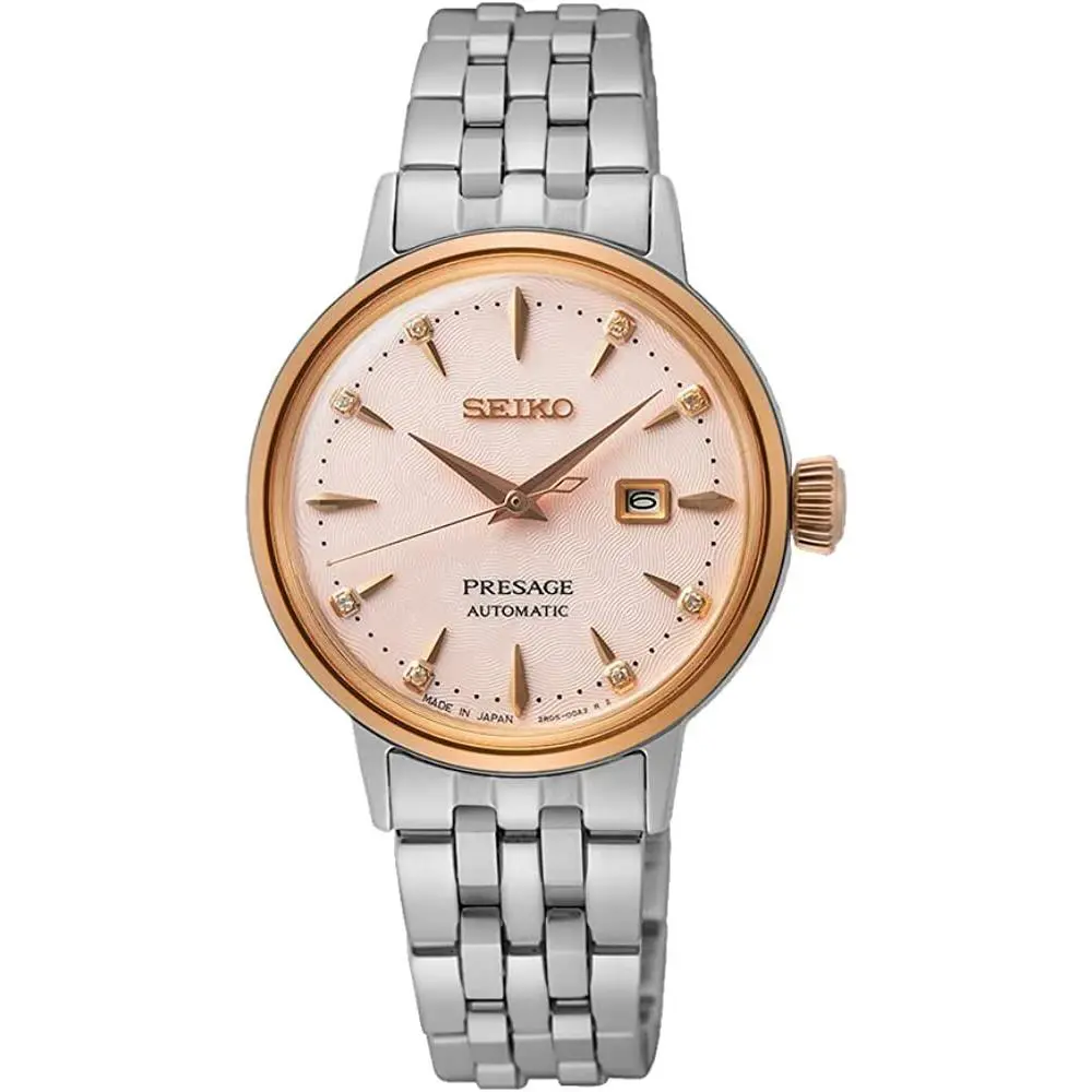 Seiko Women Presage Automatic Rose Bezel Silver Bracelet Watch SRE012