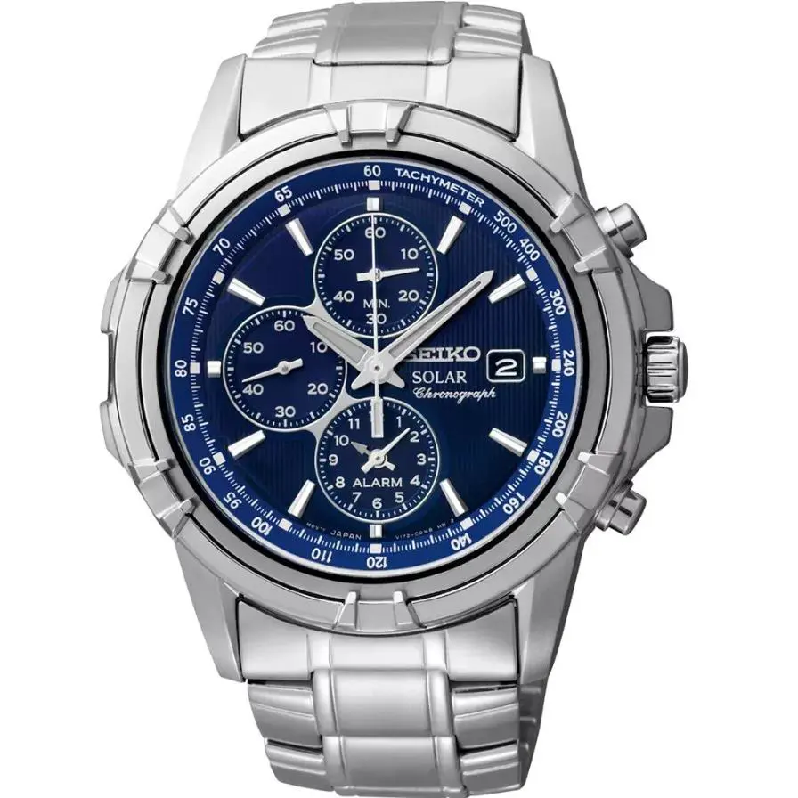 Seiko Essentials Solar Alarm Chronograph SS Blue Dial Men`s Watch SSC141 - Dial: Blue, Band: Silver, Bezel: Silver