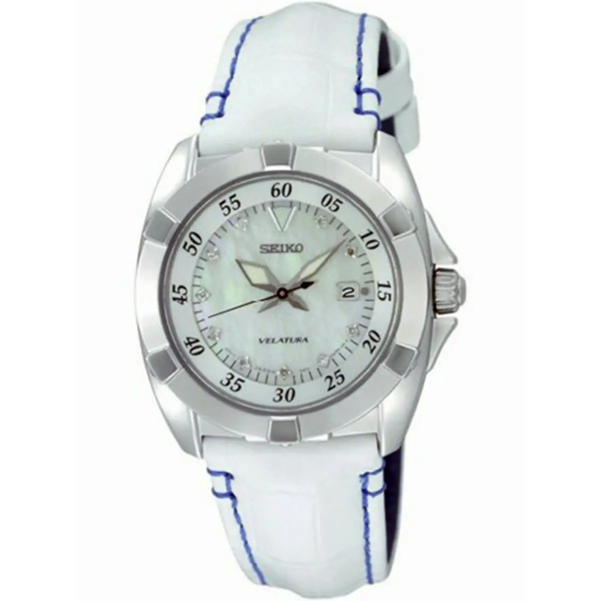 Seiko SXDA69P1 SXDA69 Ladies Velatura Silver Tone Leather Diamonds Dial Sapphire - Dial: Mother of pearl