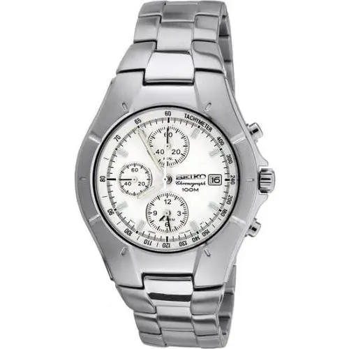 Seiko Chronograph Alarm Watch For Man SNA381 White Dial - Dial: White, Band: Silver, Bezel: Silver