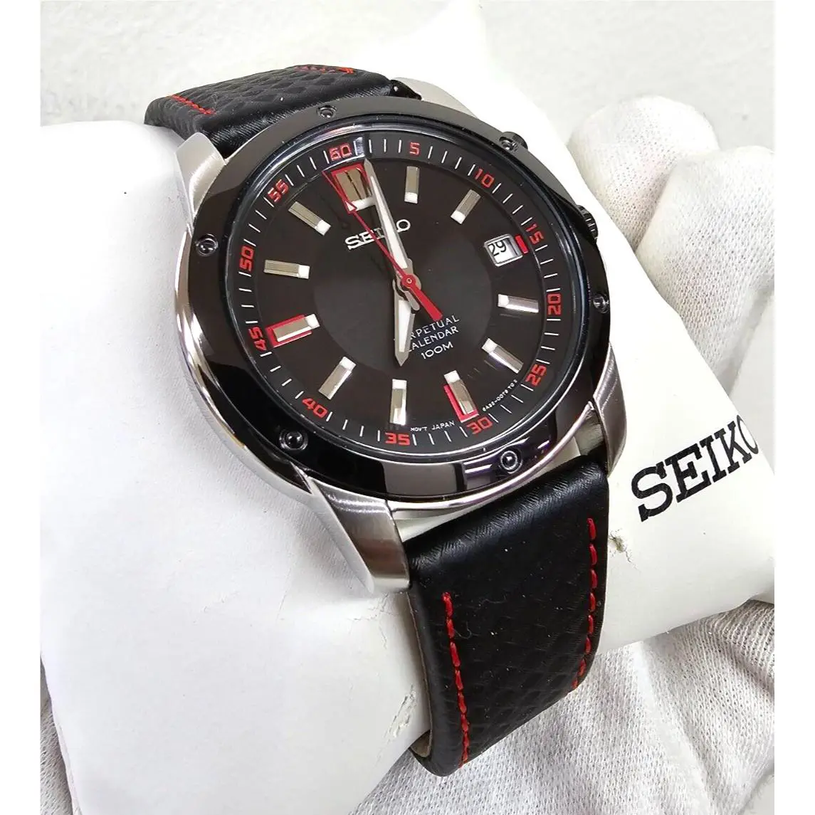 Seiko Perpetual Calendar Quartz 39mm Black Leather Men`s Watch SNQ097