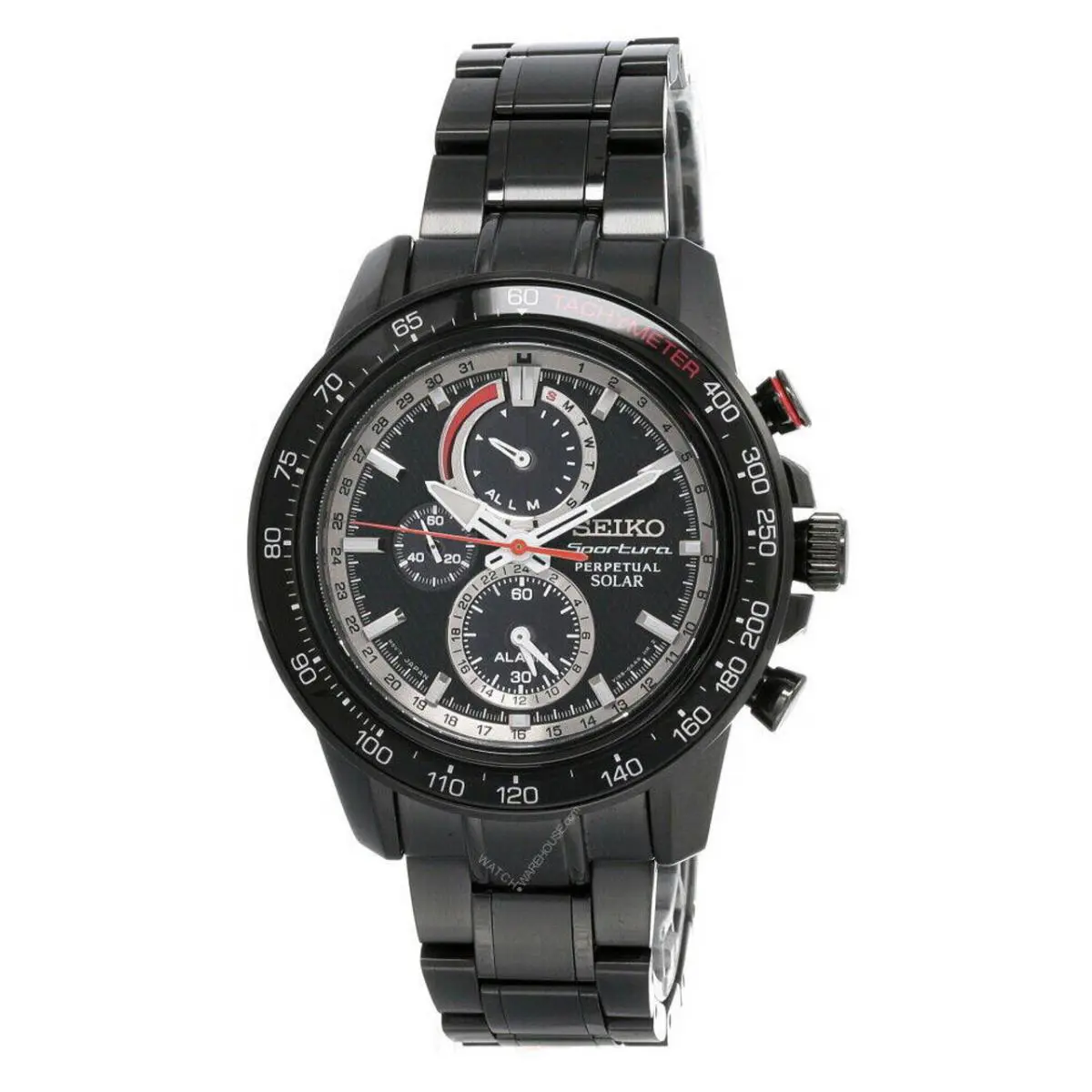 Seiko Sportura Solar 45MM Black Dial Chrono SS Bracelet Men`s Watch SSC373 - Dial: Black, Band: Black, Bezel: Black