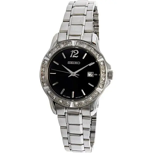 Seiko SUR877 Women`s Crystal Accent Black Dial Stainless Steel Quartz Watch
