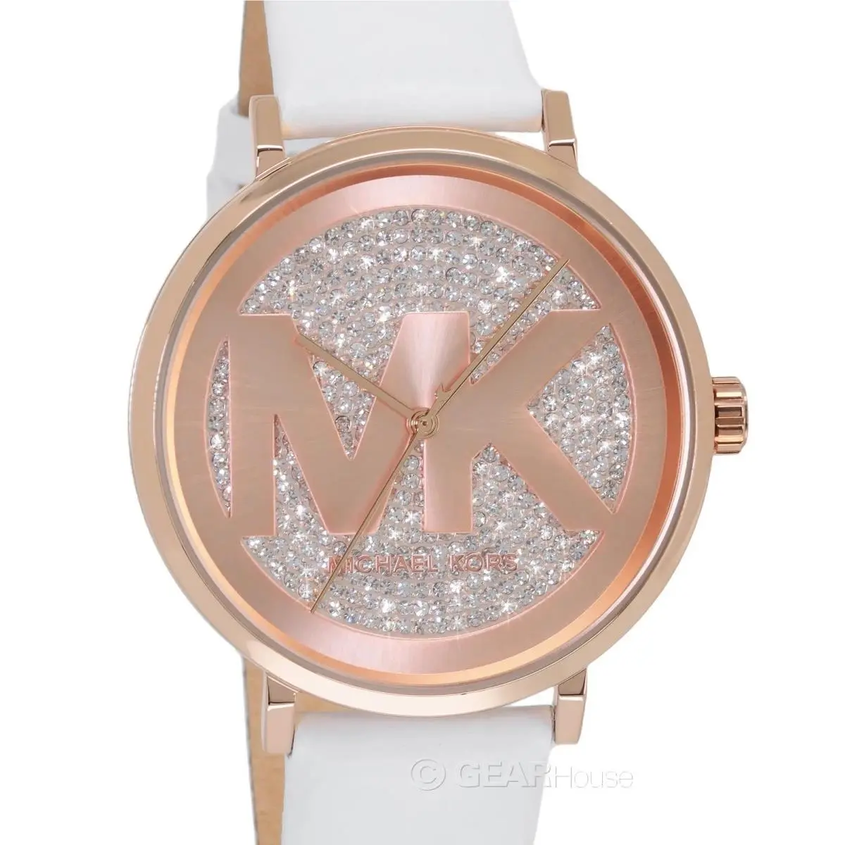 Michael Kors Addyson MK2958 Rose Gold Pave Crystal Logo Dial White Leather Watch