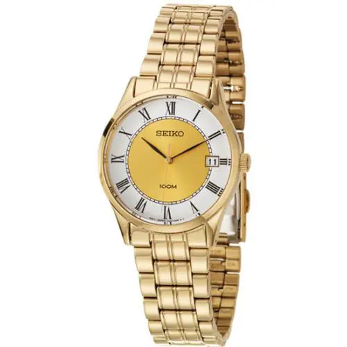 Seiko SGEF08 Men`s Round Roman Numeral Date Analog Gold Tone Watch