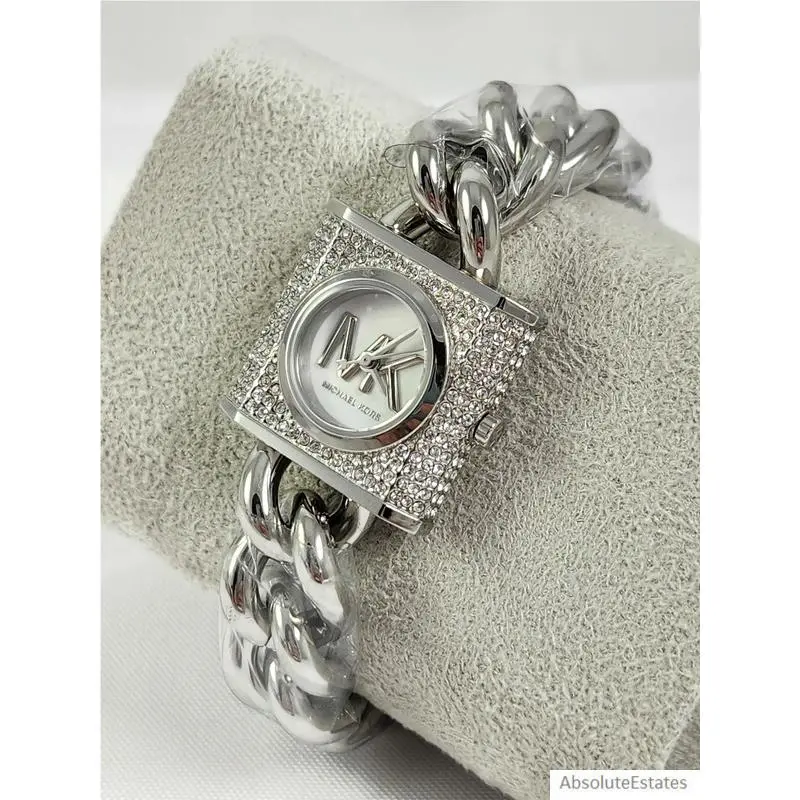 Michael Kors Pave Silver Chain Lock Crystal Bracelet Watch - Dial: White, Band: Silver, Bezel: Silver