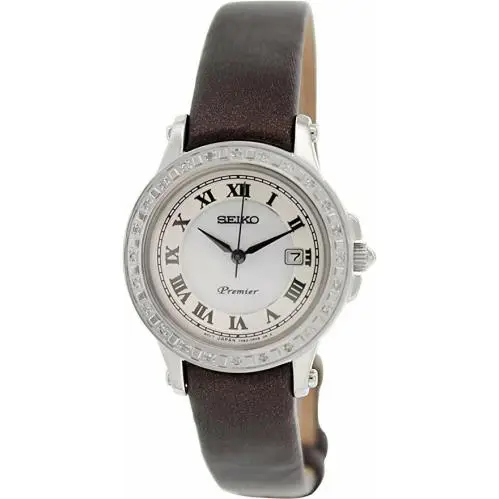 Seiko Ladies Watch Premier SXDE57P2 Satin Brown Leather Diamond - Dial: mop, Band: Brown