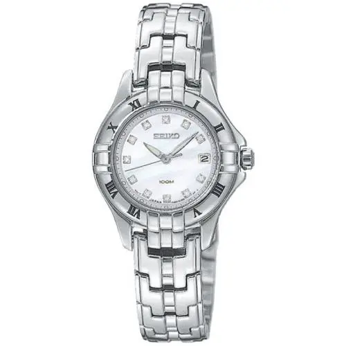 Seiko White Mop Dial Date 11 Diamonds Stainless Steel Women`s Watch SXDA31