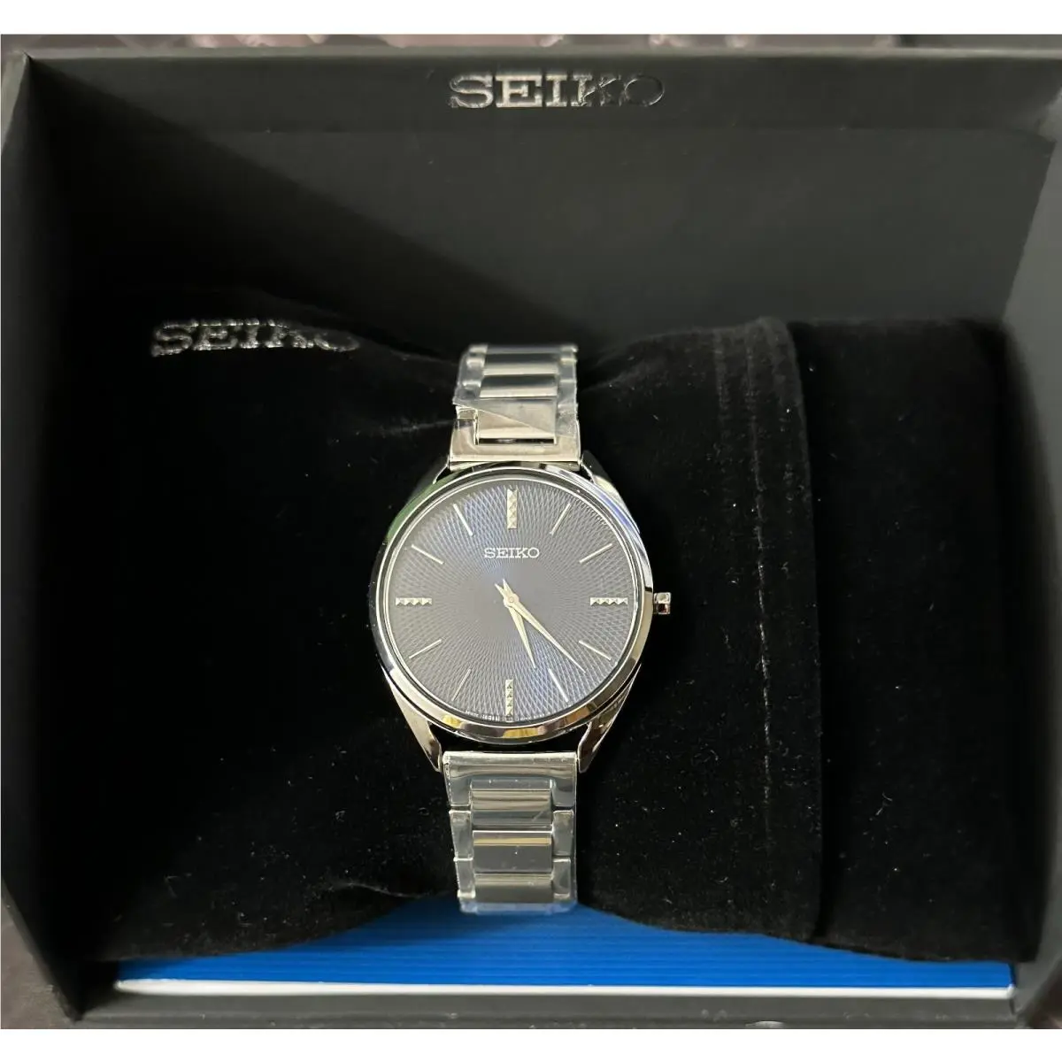 Seiko Quartz Essentials Ladies Blue Dial Stainless Steel Watch SWR033