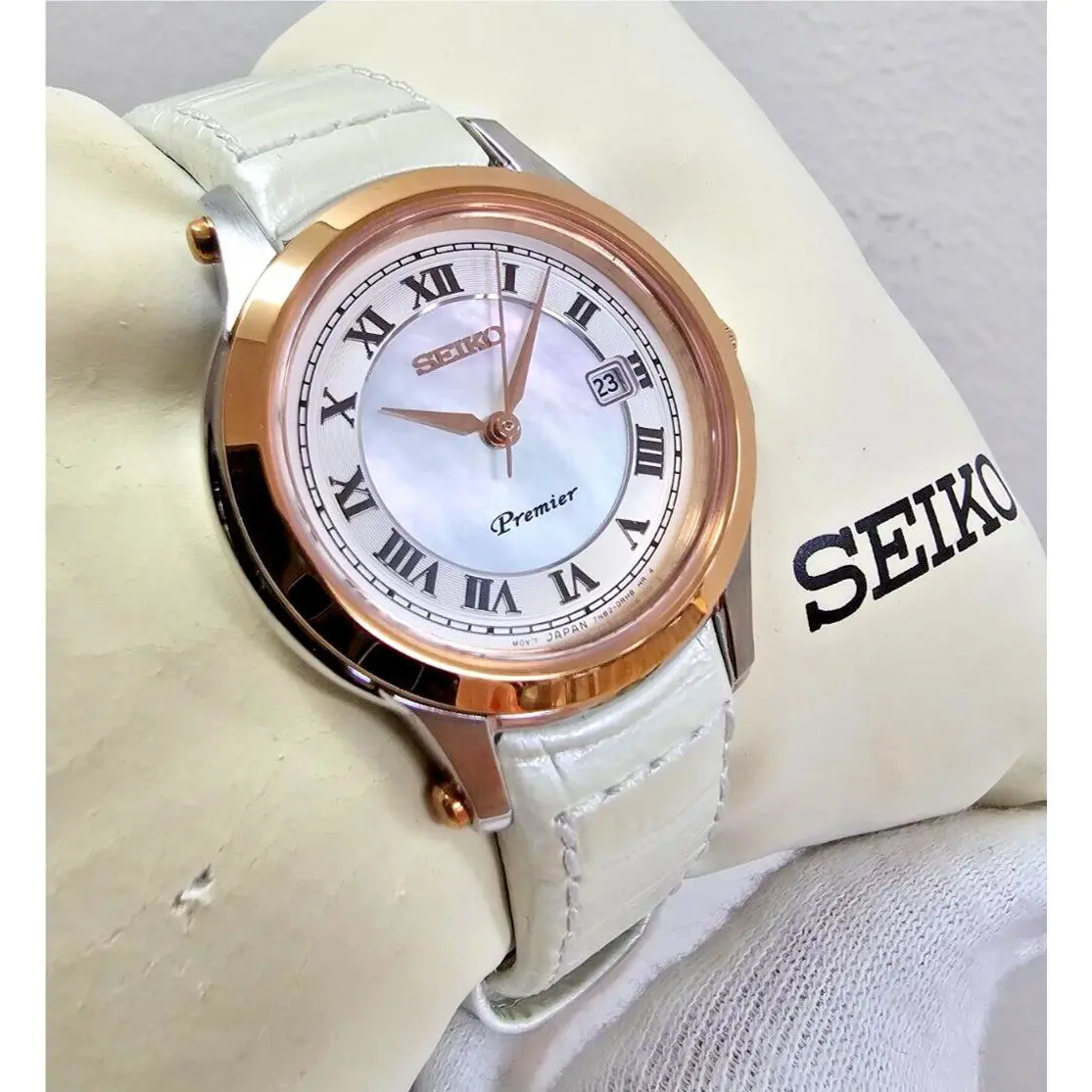 Seiko Premier Quartz 28mm Mother Of Pearl Dial Leather Women`s Watch SXDE42P2