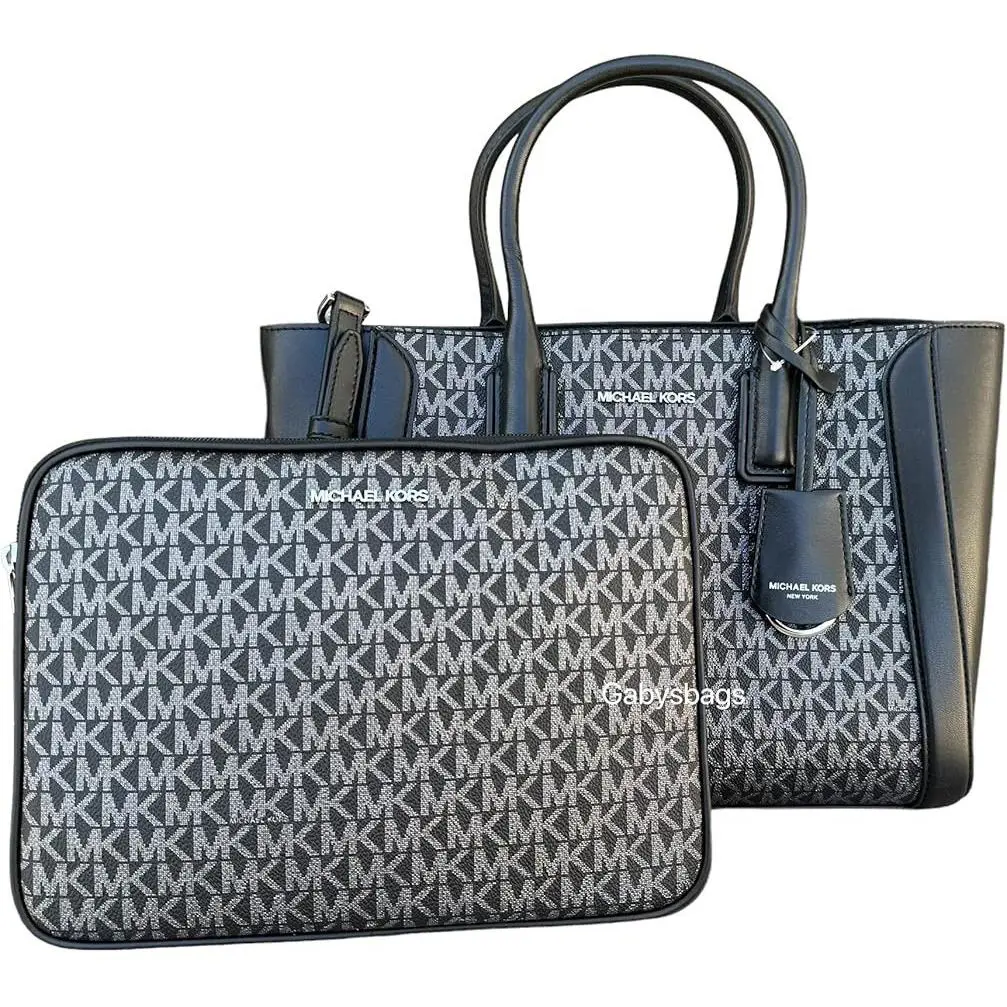 Michael Kors Kali Women`s Satchel Ipad Case Handbag Medium - Black Silver - Handle/Strap: Black, Hardware: Silver Black, Exterior: Black