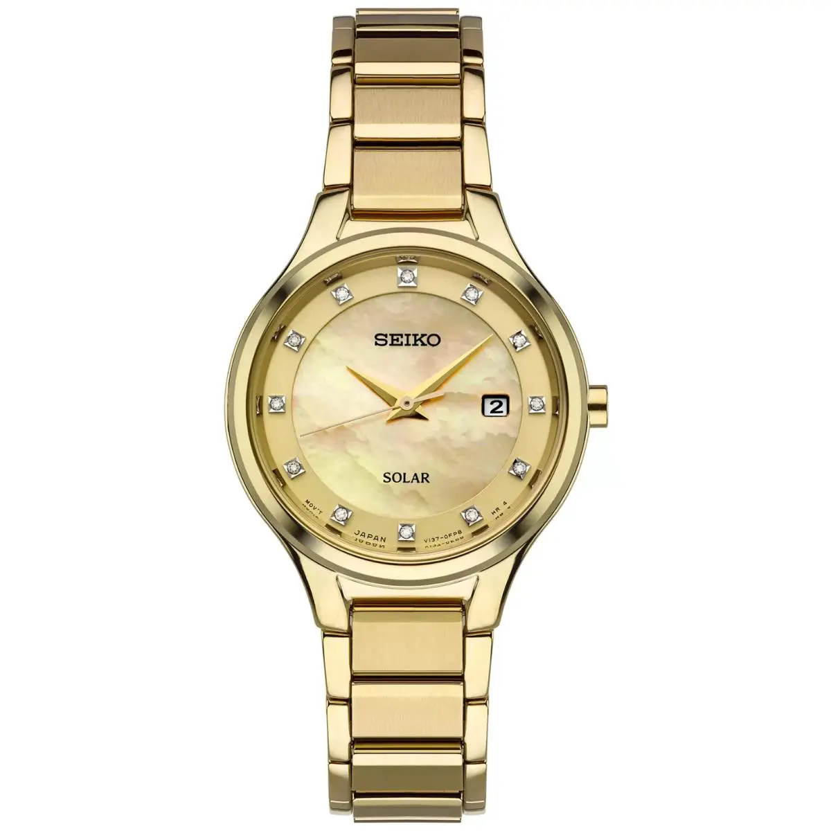 Seiko Women`s Gold Tone Stainless Steel Diamond Mop Dial Solar Watch SUT320 - Dial: Mother of Pearl, Band: Gold, Bezel: Gold