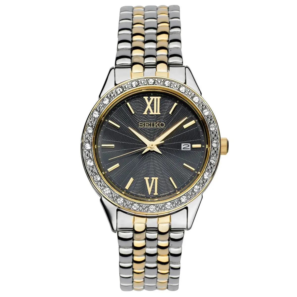 SUR684 Two Tone Black Dial Swarovski Crystals Womens Dress Watch Ret by Seiko