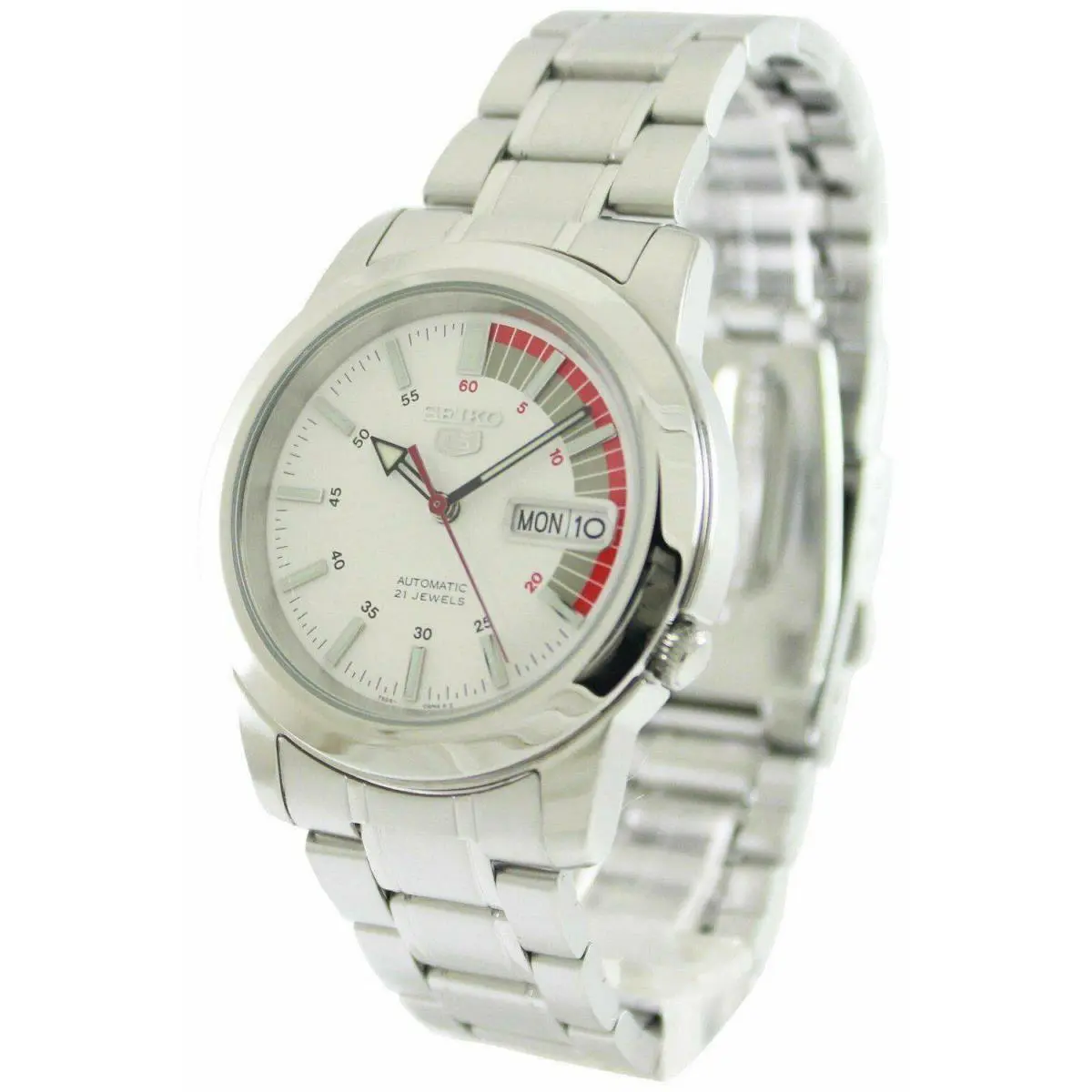 Seiko 5 Automatic 21 Jewels Stainless Steel White Dial SNKK25K1 30M Mens Watch - Dial: White, Band: Silver, Bezel: No Bezel