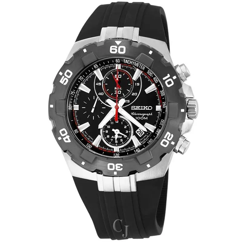 Seiko Sport Alarm Chronograph Black Dial Watch SNAD61 - Dial: Black, Band: Black, Bezel: Black
