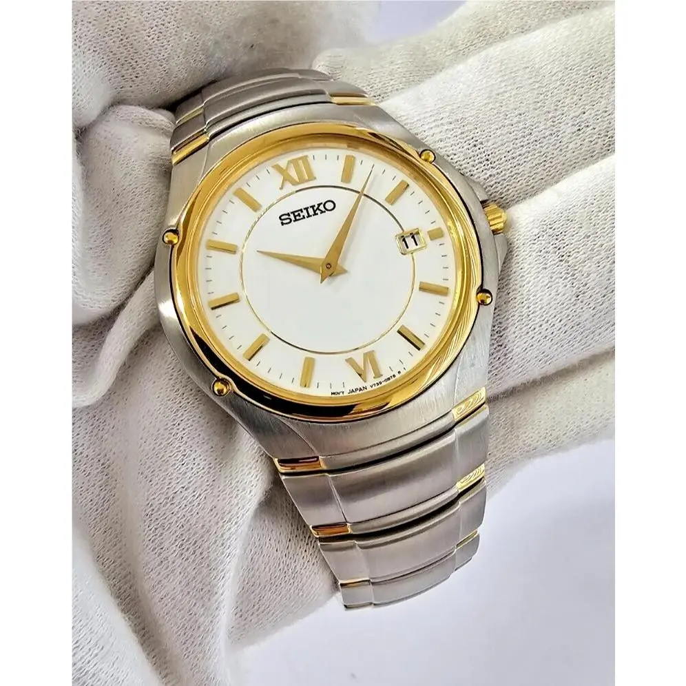 Seiko Quartz Two-tone White Dial Men`s Watch SLK092