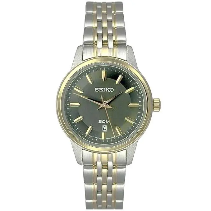 Seiko Ladies Two Tone Stainless Steel Watch SUR888 Grey Dial Date - Dial: Gray, Band: Gold, Silver, Bezel: Gold