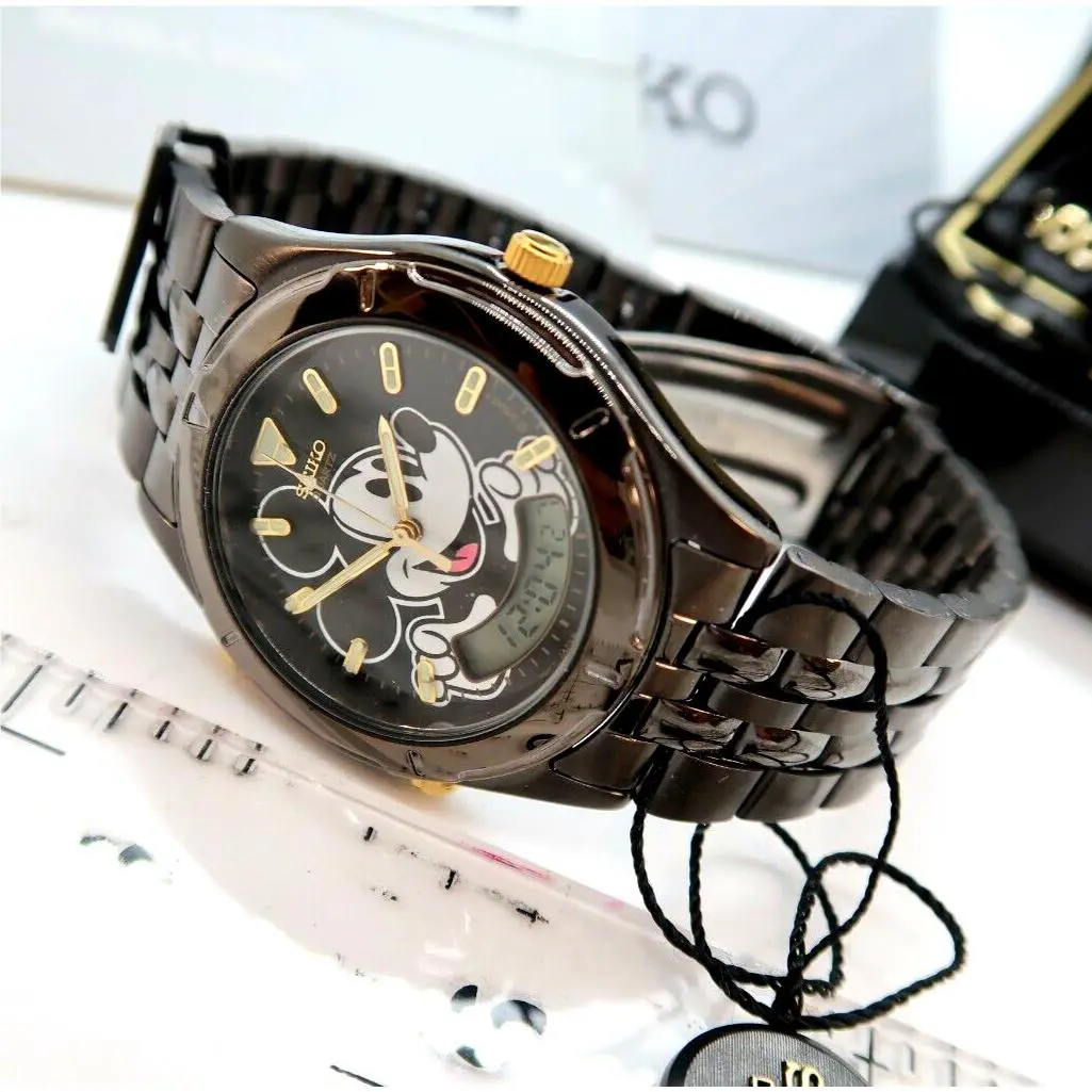 Mickey Mouse Seiko H801-7011 Black Chrono W/box Mens Character Watch Mib R5-04