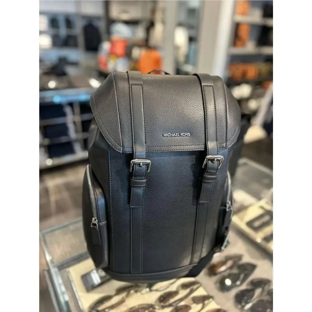 Michael Kors Cooper City Men Buckle Side Pockets Leather Travel Backpack Black