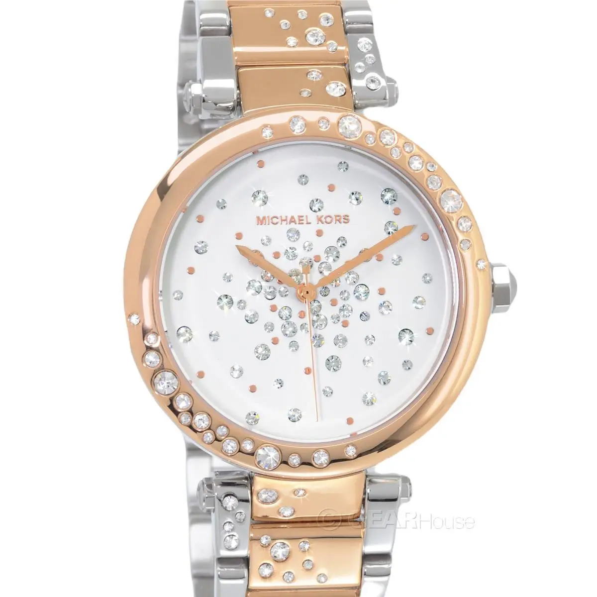 Michael Kors Parker Womens Pave Crystal Watch White Dial Two Tone Rose Gold Band